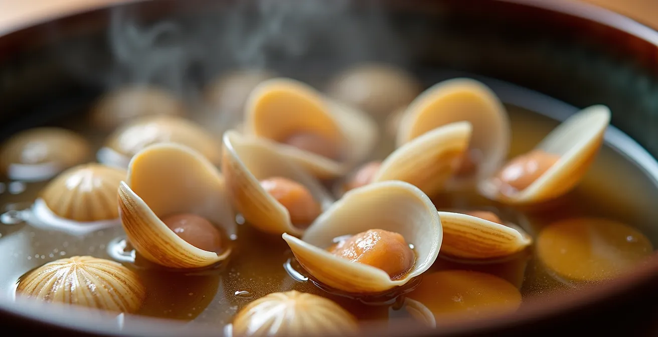Close-up macro view of freshwater shijimi clams in traditional miso soup bowl