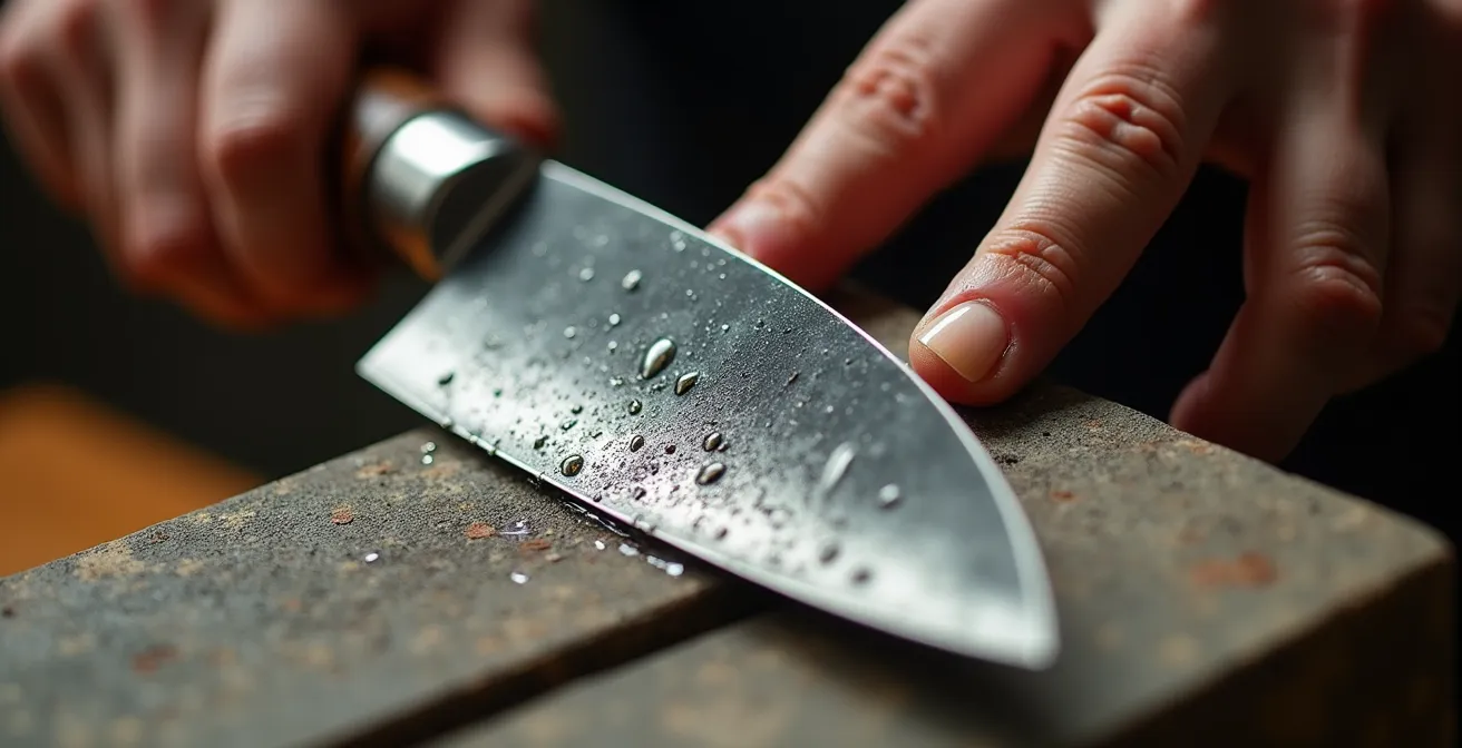 Hands carefully sharpening a Japanese kitchen knife with focused precision