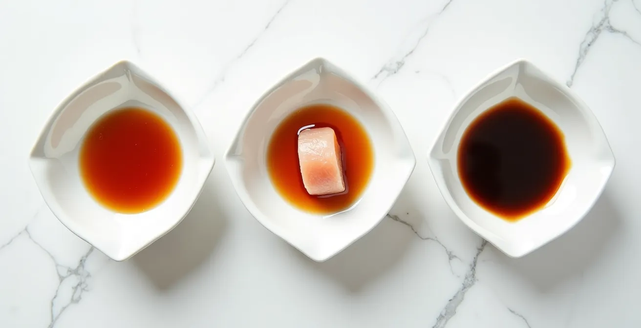 Three traditional ceramic dishes containing different grades of soy sauce showing color gradation from light to dark