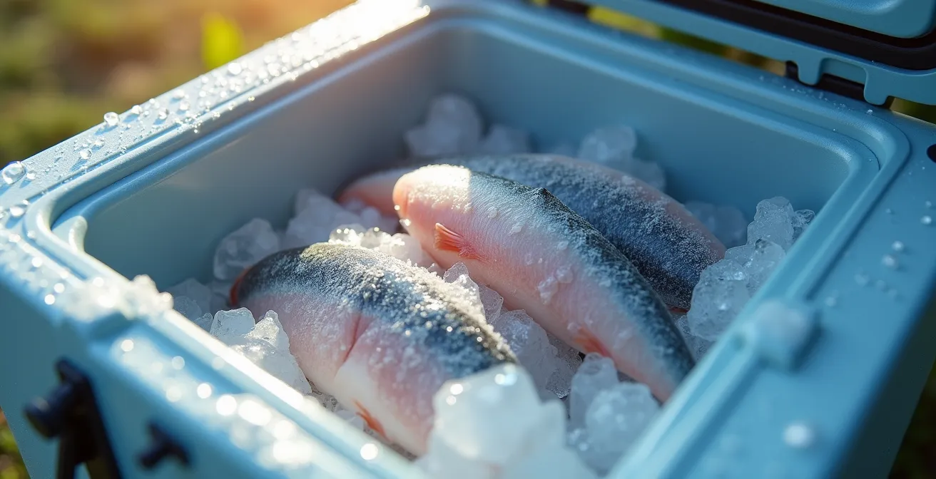 Cross-section view of properly packed cooler with fish on ice for summer transport