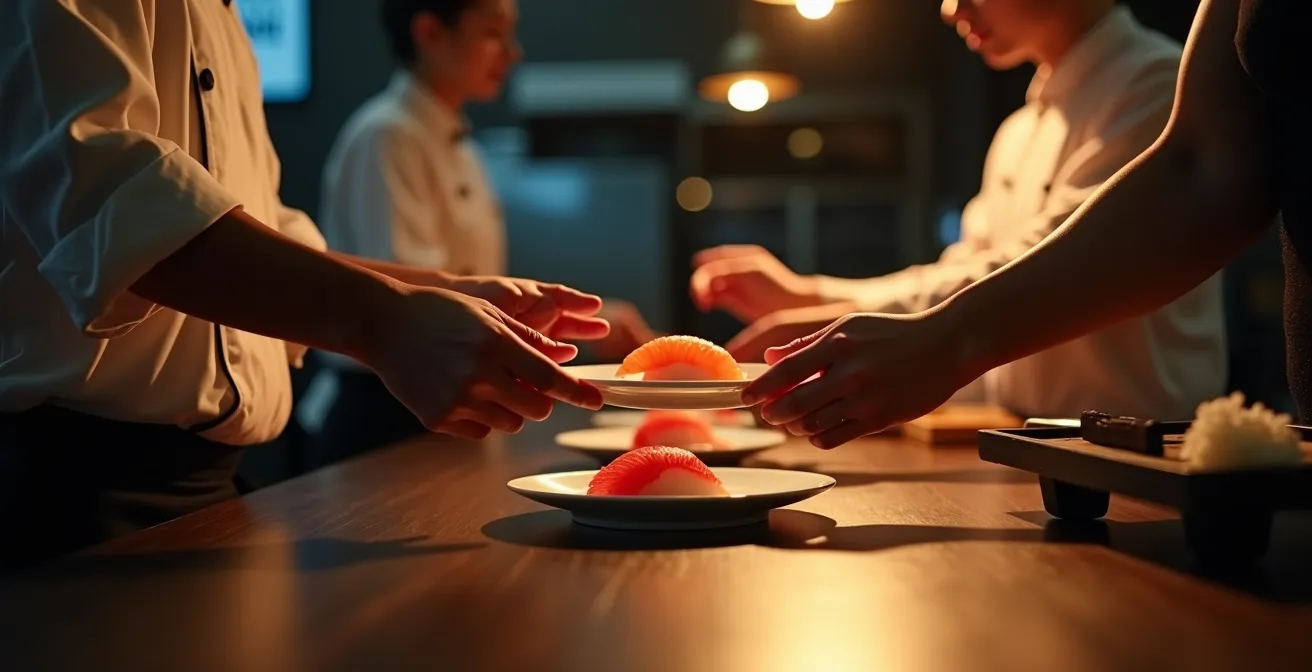 Eye-level view showing the precise height relationship between sushi counter and seated diner