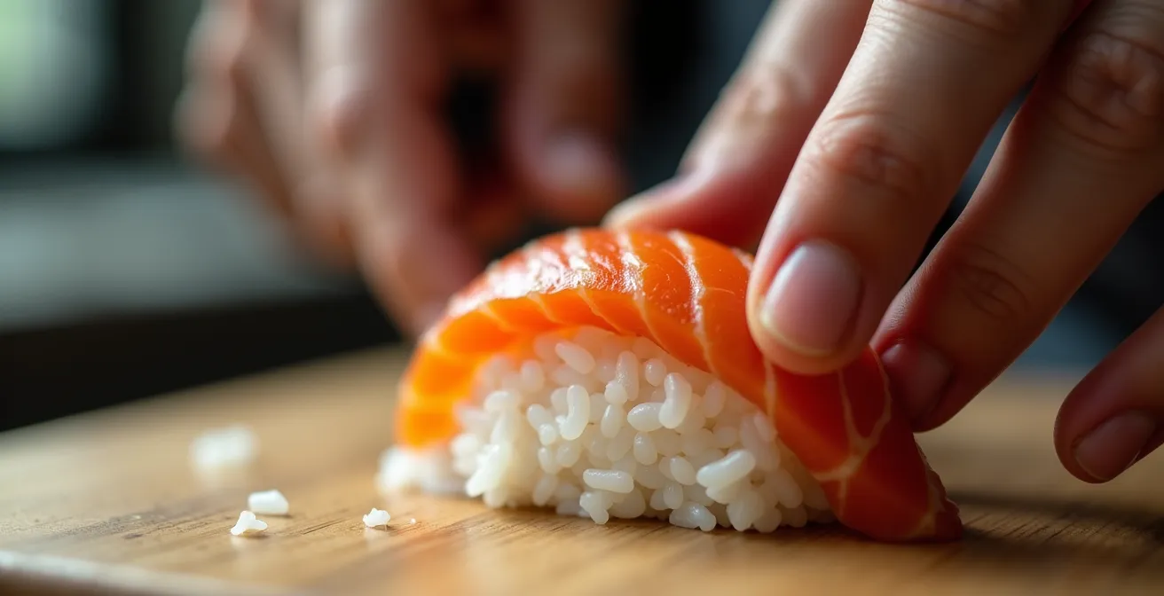 Close-up of chef's hands forming traditional nigiri sushi