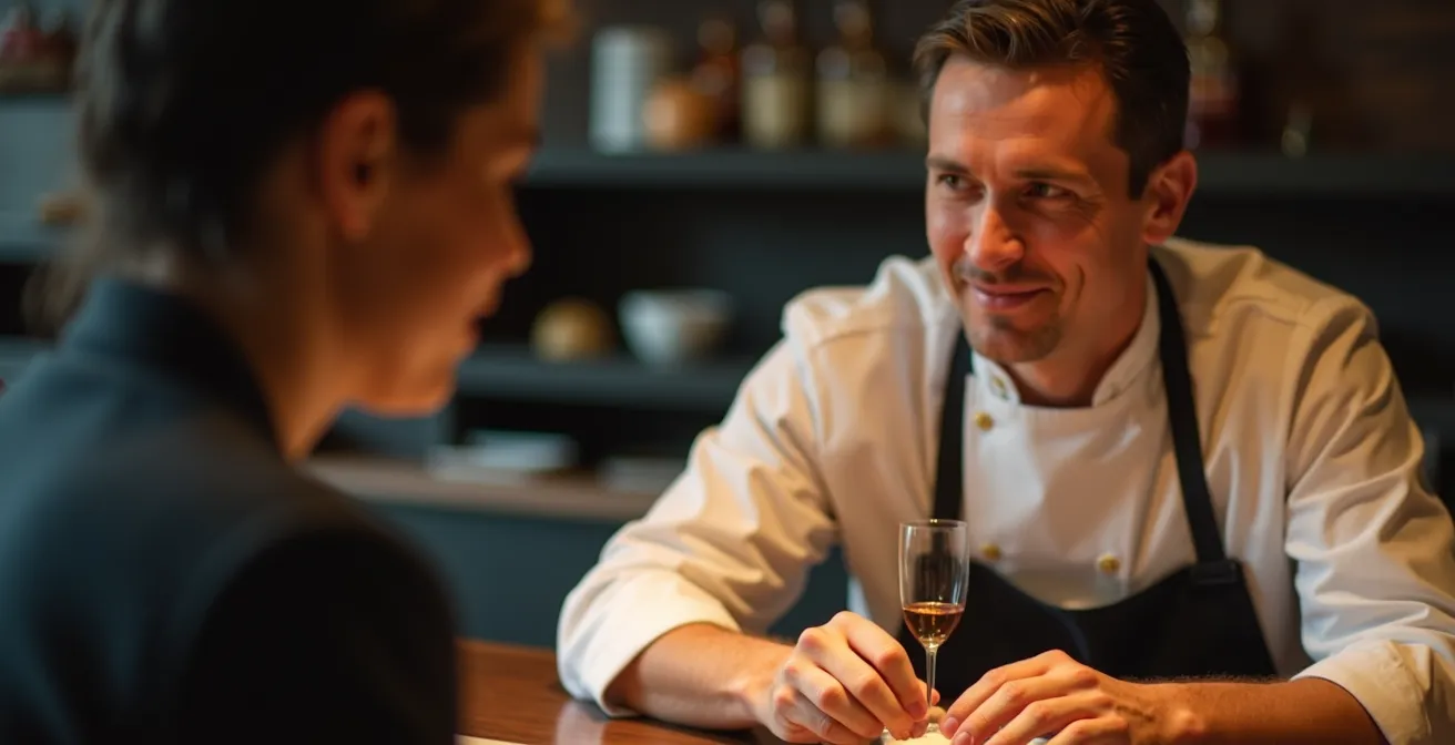 Intimate moment between sushi chef and diner at counter