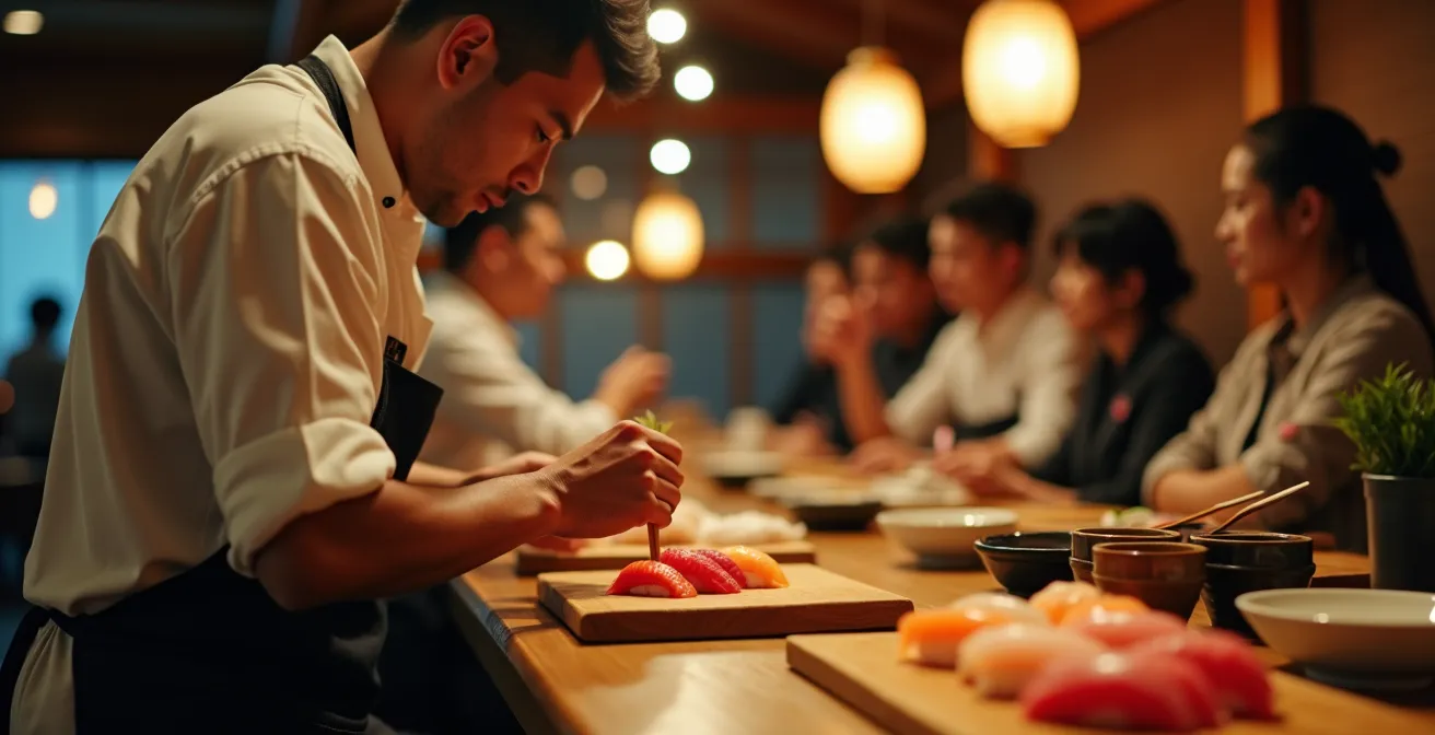 Sushi counter showing respectful distance between chef and diners