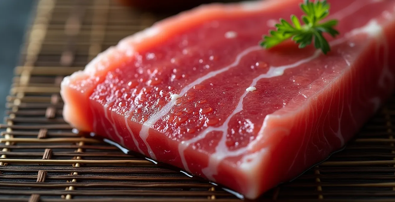 Close-up of aged fish showing texture transformation during jukusei maturation process