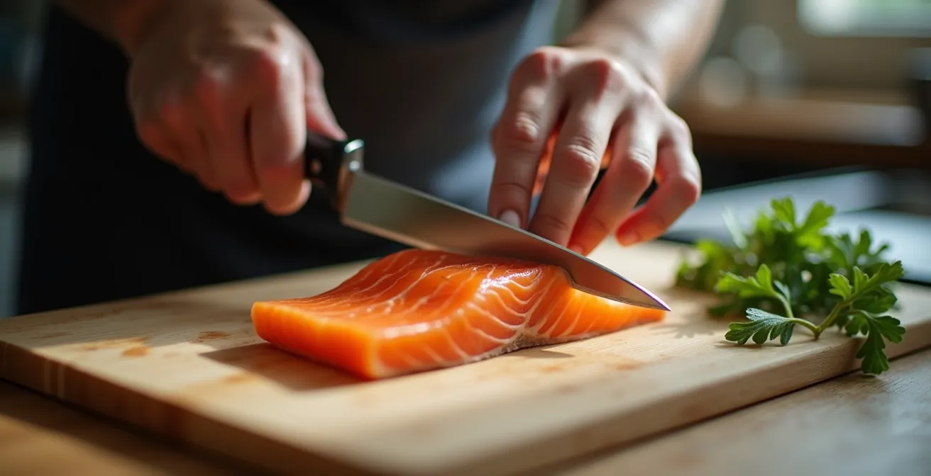 Hands demonstrating proper pull-cut knife technique on salmon fillet