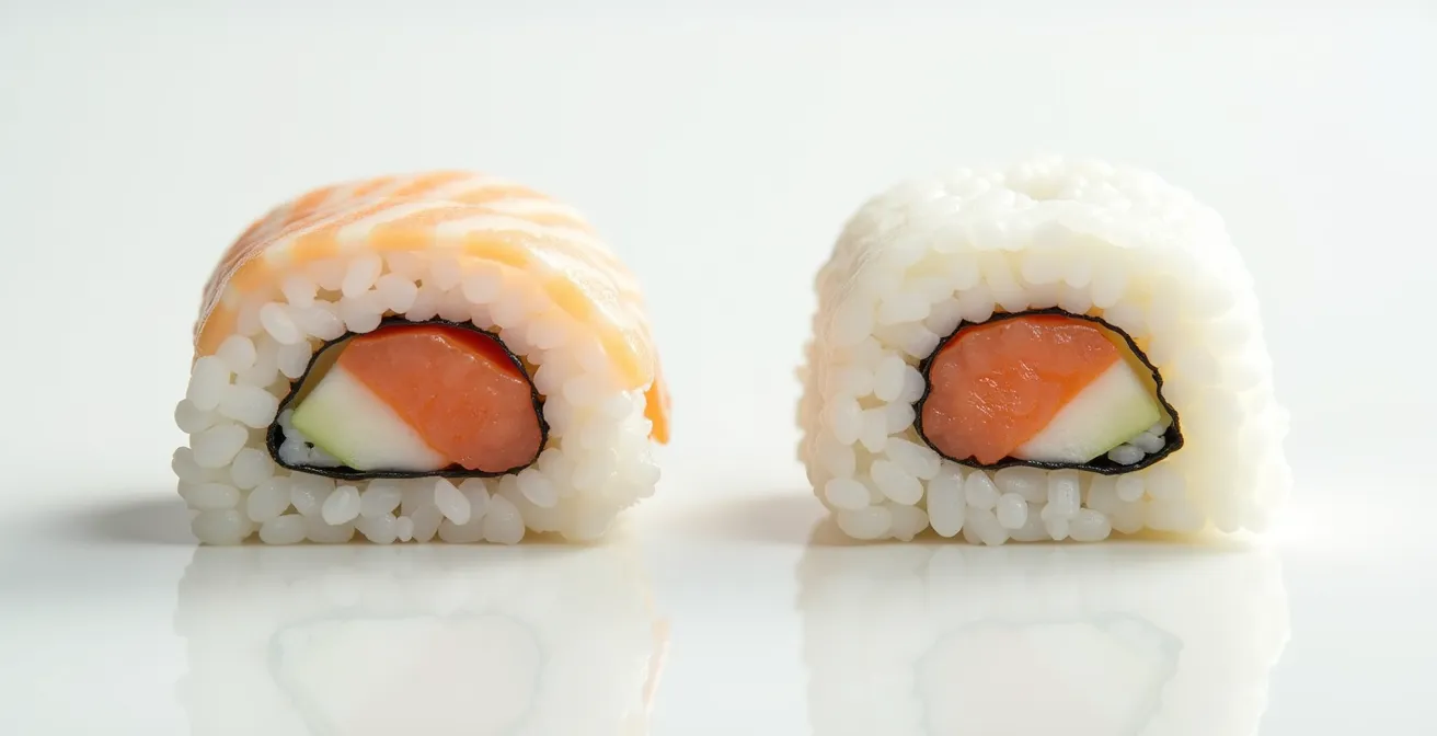 Cross-section view comparing properly formed nigiri with air pocket versus compressed rice