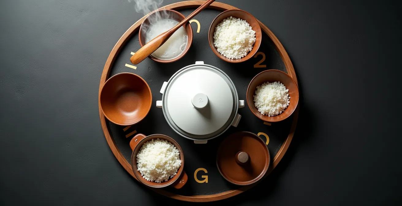 Visual timeline showing rice preparation stages with traditional Japanese cooking tools