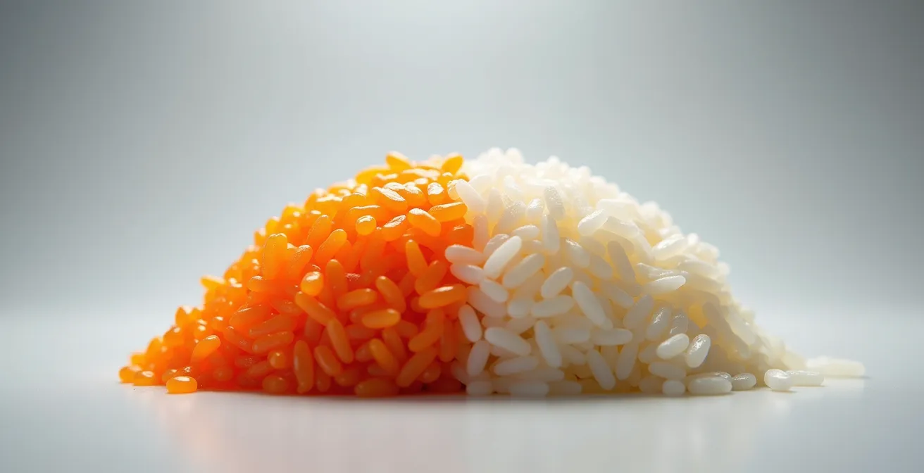 Split view showing dull rice transforming to glossy sushi rice with vinegar glaze