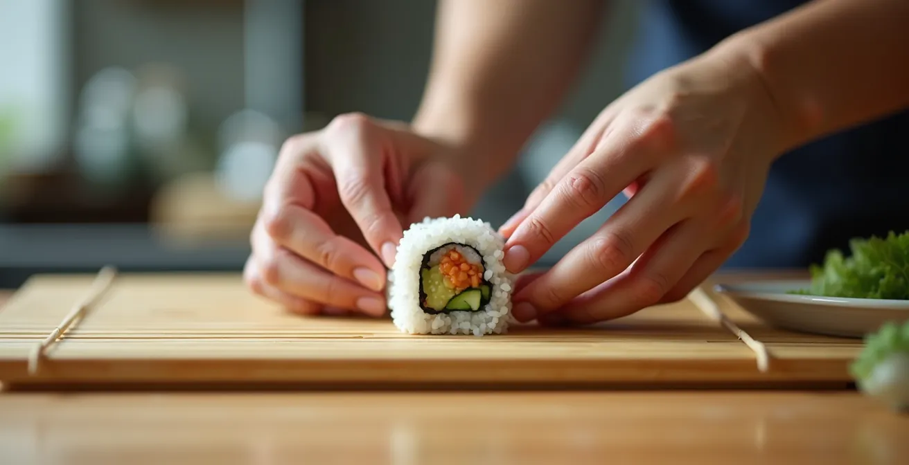 Hands demonstrating the re-rolling rescue technique on a loose maki roll