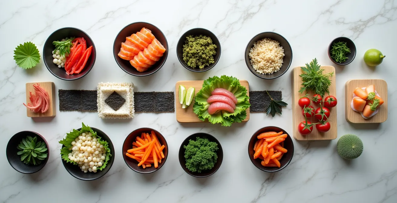 Overhead view of temaki ingredient stations arranged in efficient flow
