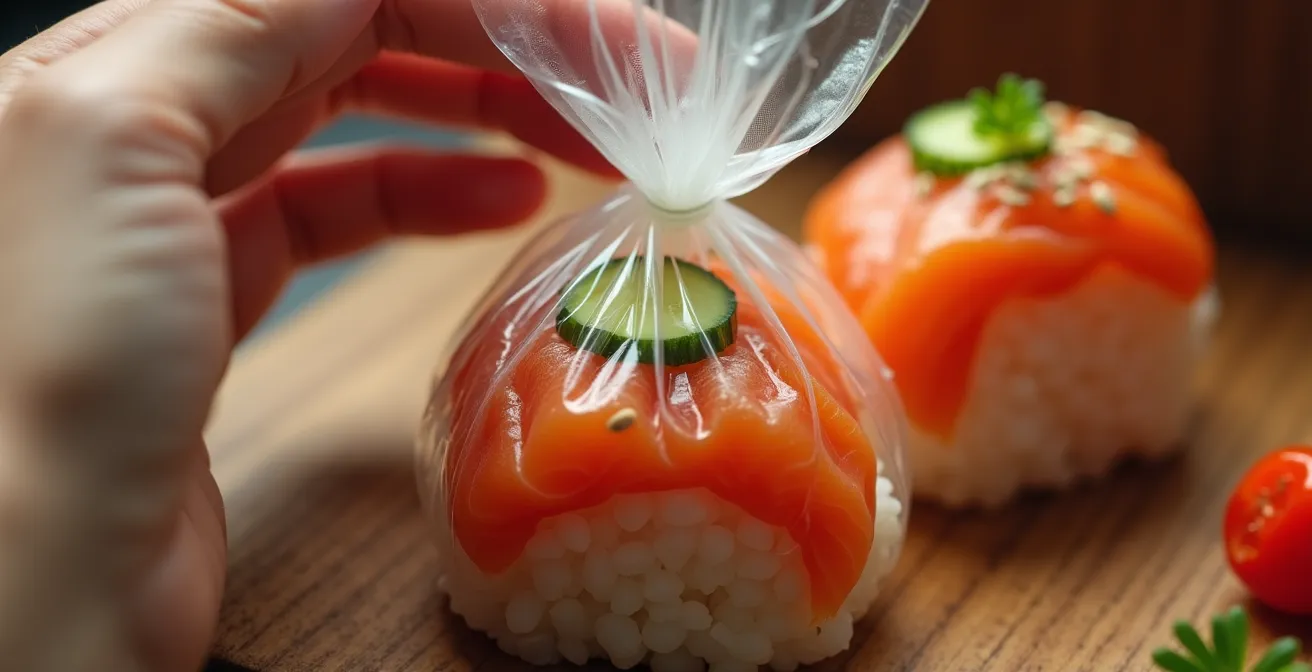 Hands demonstrating the plastic wrap method for shaping temari sushi balls