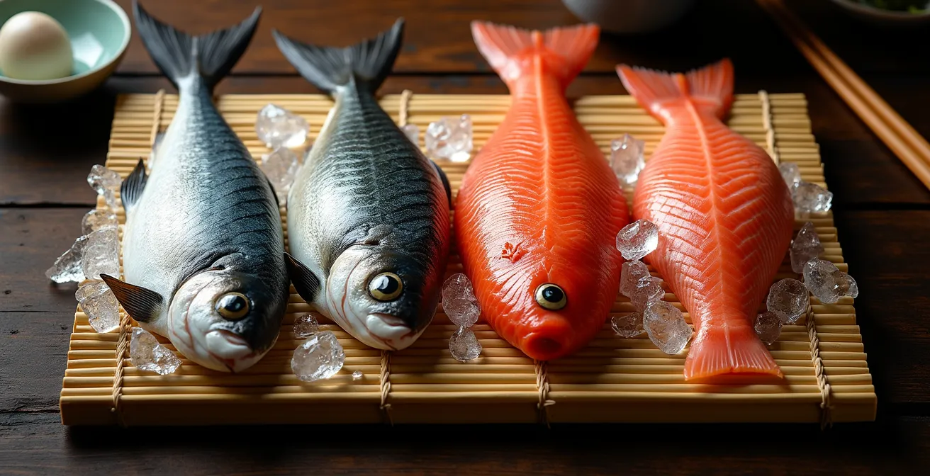 Traditional Edo Bay fish varieties arranged on bamboo display