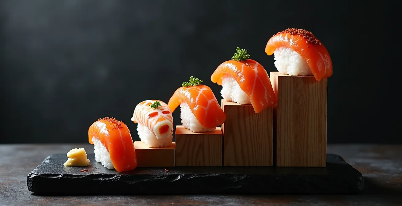 Visual metaphor of ascending steps representing trust progression in omakase dining, starting with simple nigiri and moving to more complex pieces.