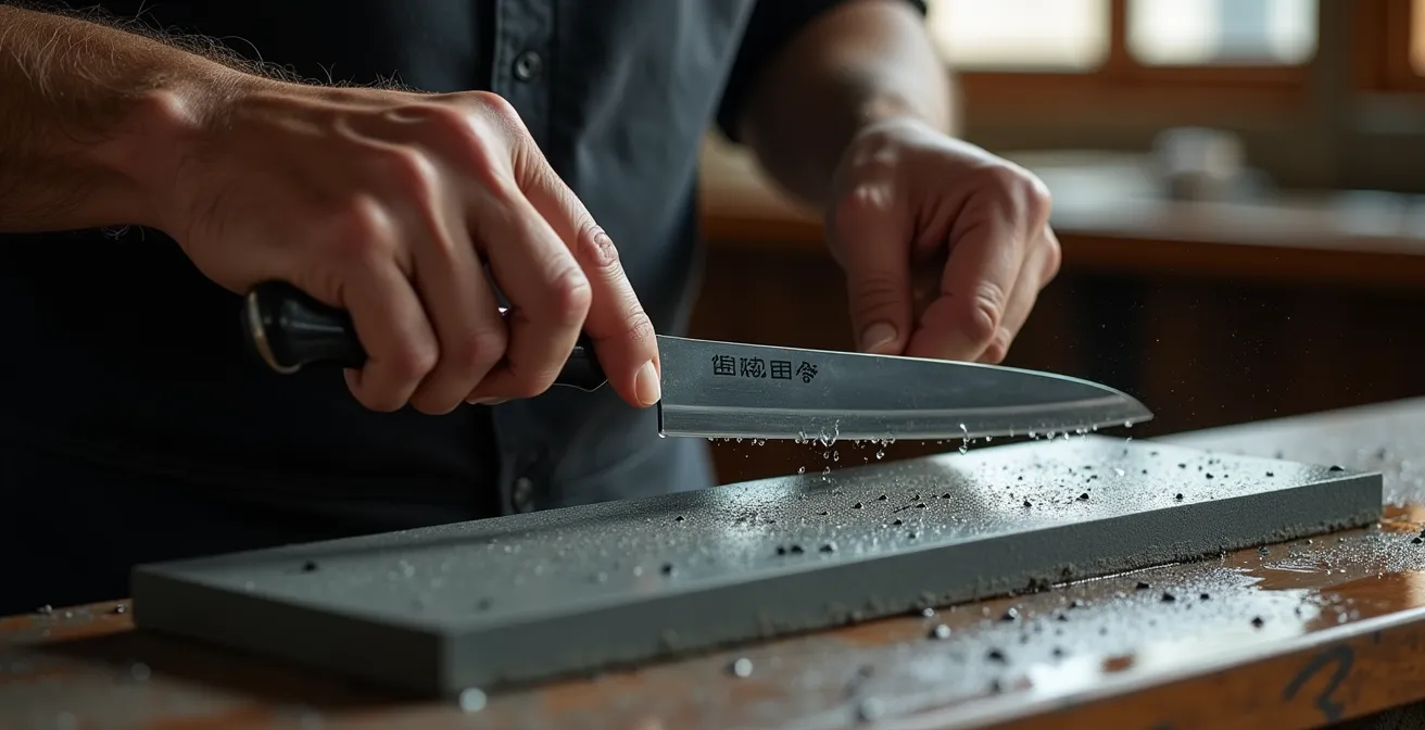 Close-up of hands sharpening a yanagiba on a whetstone at proper angle