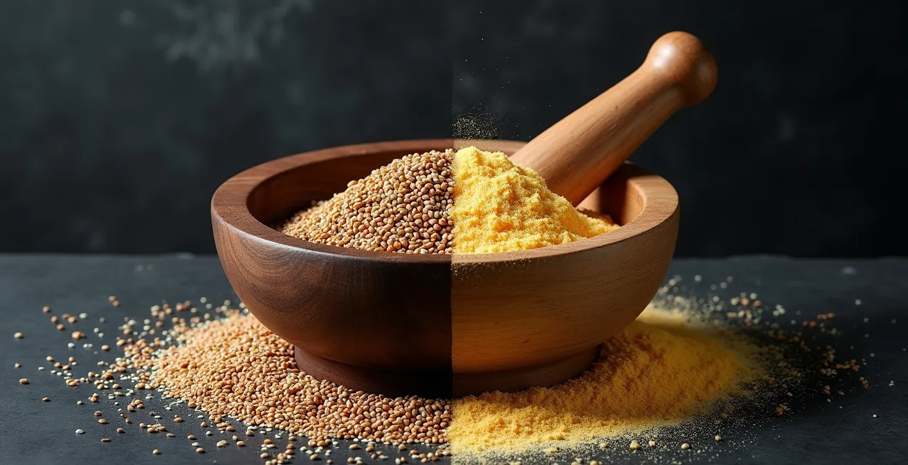 Symbolic arrangement of whole and ground sesame seeds showing texture contrast