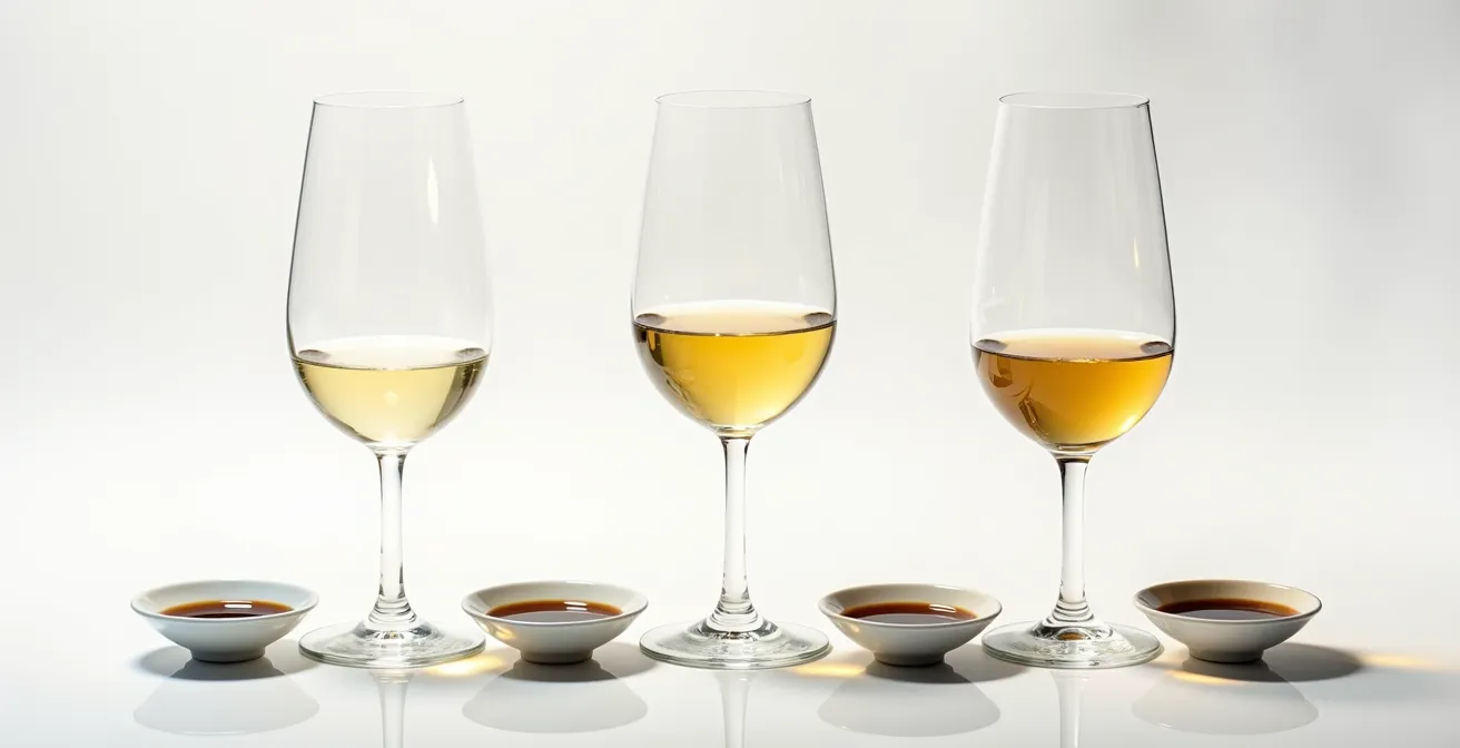 Wine glasses with different white wines alongside soy sauce and sushi elements