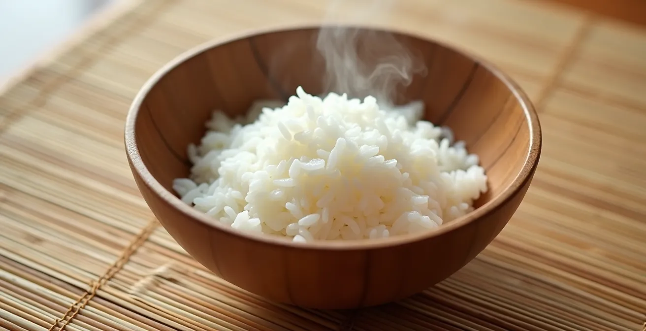 Wooden hangiri bowl showing moisture absorption during sushi rice mixing